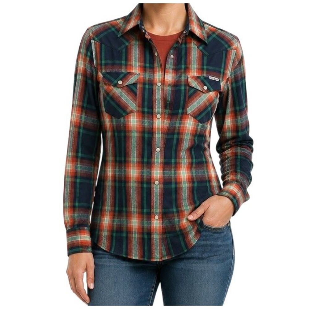 Powder River by Panhandle Flannel Shirt Womens Small Western Pearl Snaps Plaid